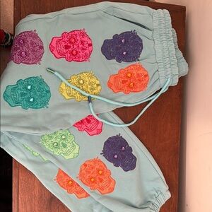 QOS Sugar Skull Print Sequin Joggers